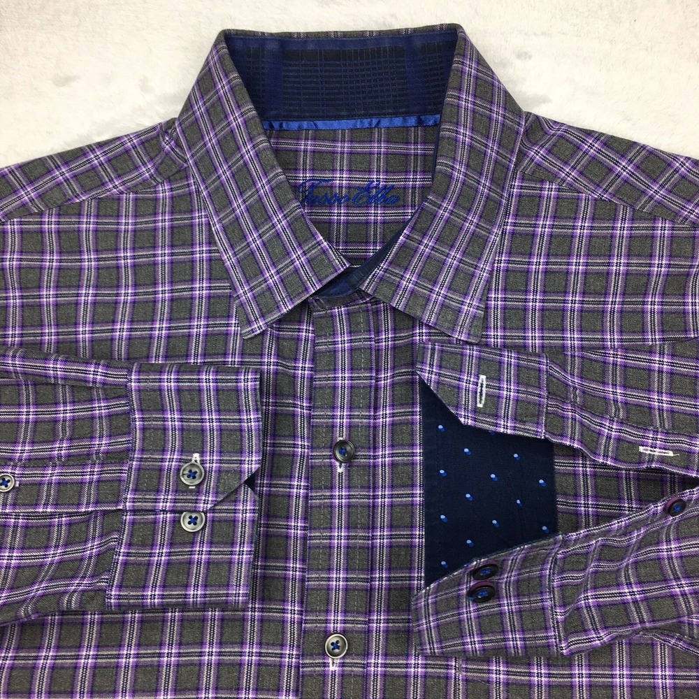 Tasso Elba Mens Dress Shirt XL 17-17.5 Purple Gray Plaid Heavy Cotton Nice